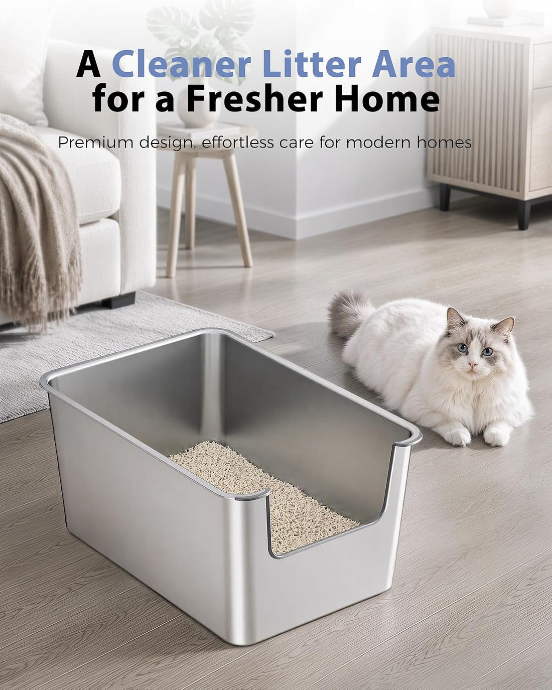 High-Sided Stainless Steel Cat Litter Box, Low Entry, Odor-Free