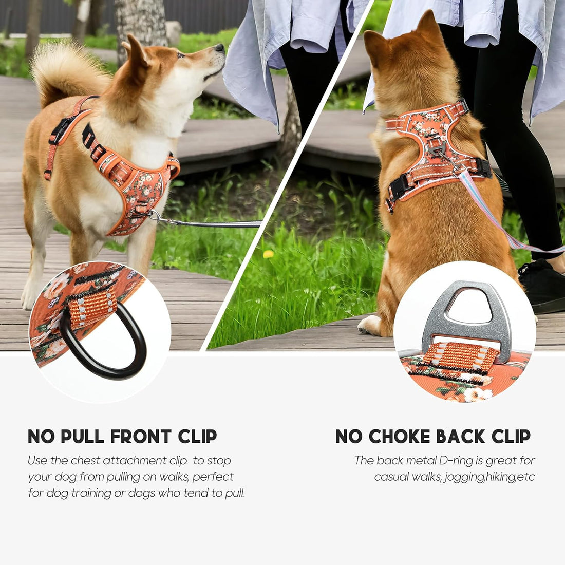 Timos Dog Harness, No Pull Large Sized with 3 Buckles, Flower Orange