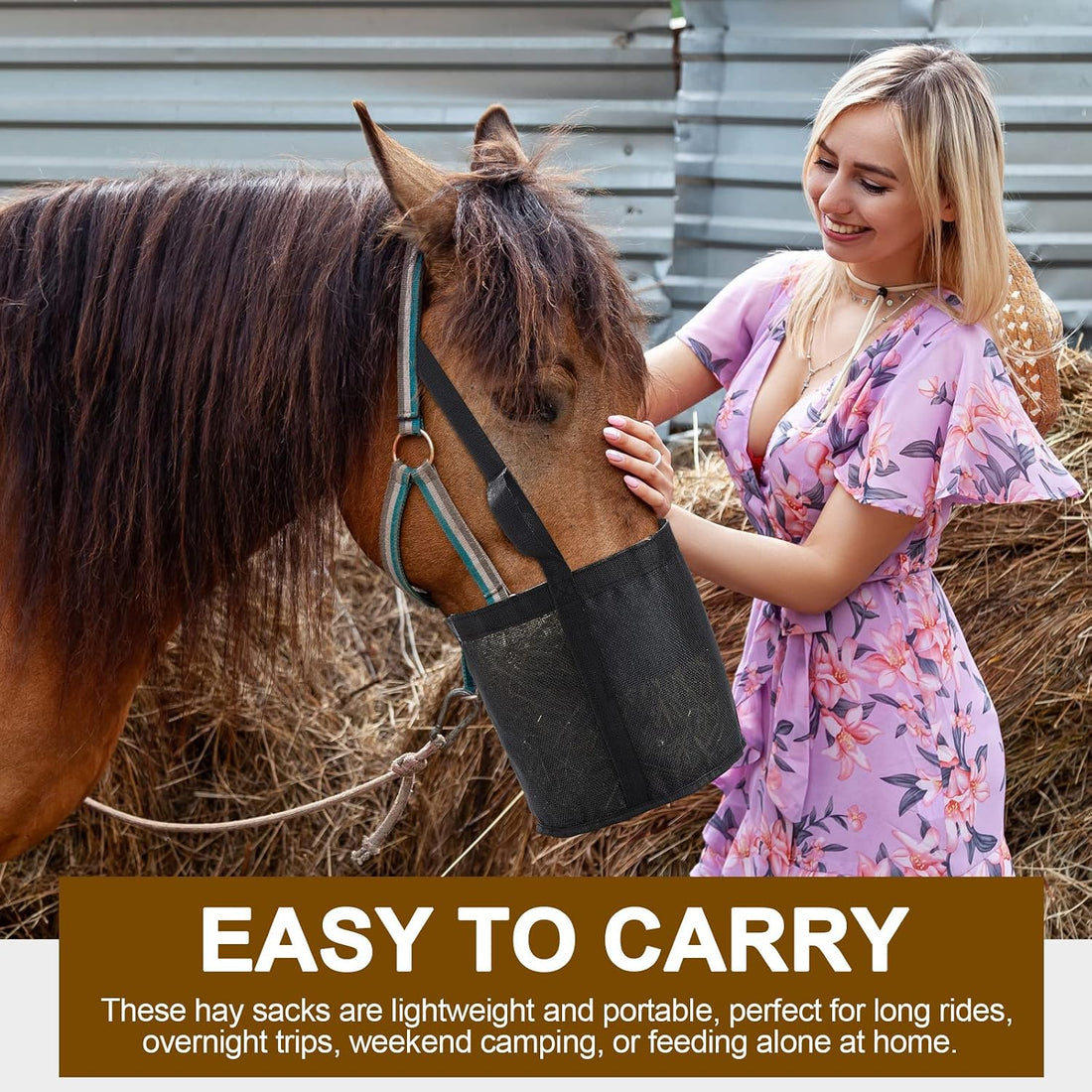 2 Pcs Horse Feed Bag, Heavy Duty Mesh Feeder with Adjustable Strap