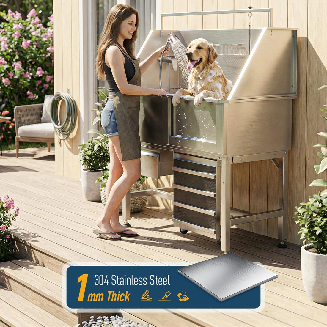 46" Dog Wash Station, 304 Stainless Steel, Side Ramp