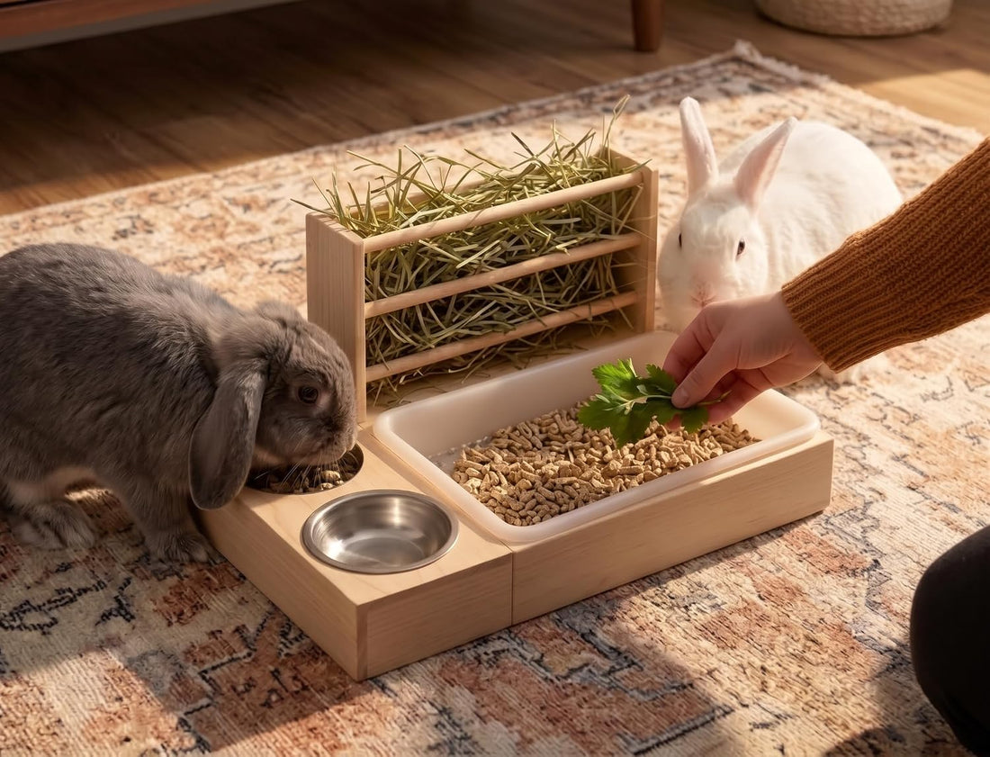 XL Wooden Rabbit Litter Box with Hay Feeder & Dual Stainless Steel