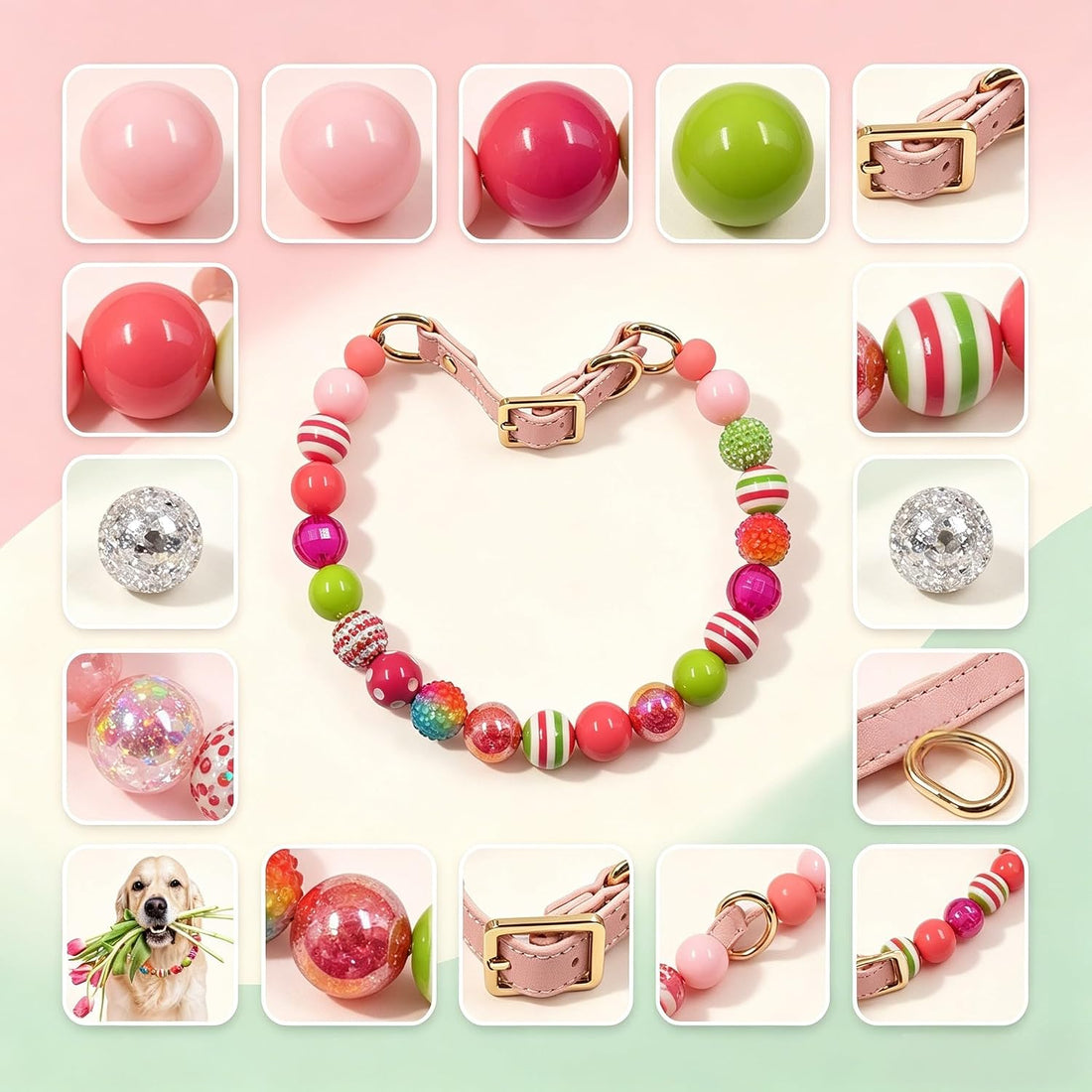 20mm Chunky Beaded Dog Necklace Adjustable for Medium Large Pets