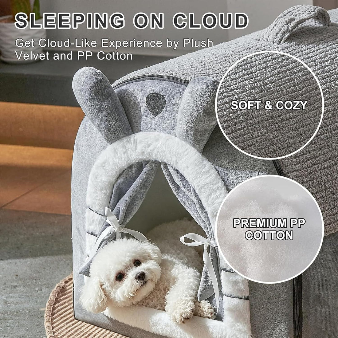 Jiupety Small Dog House Indoor, Cat House with Door Curtain Design