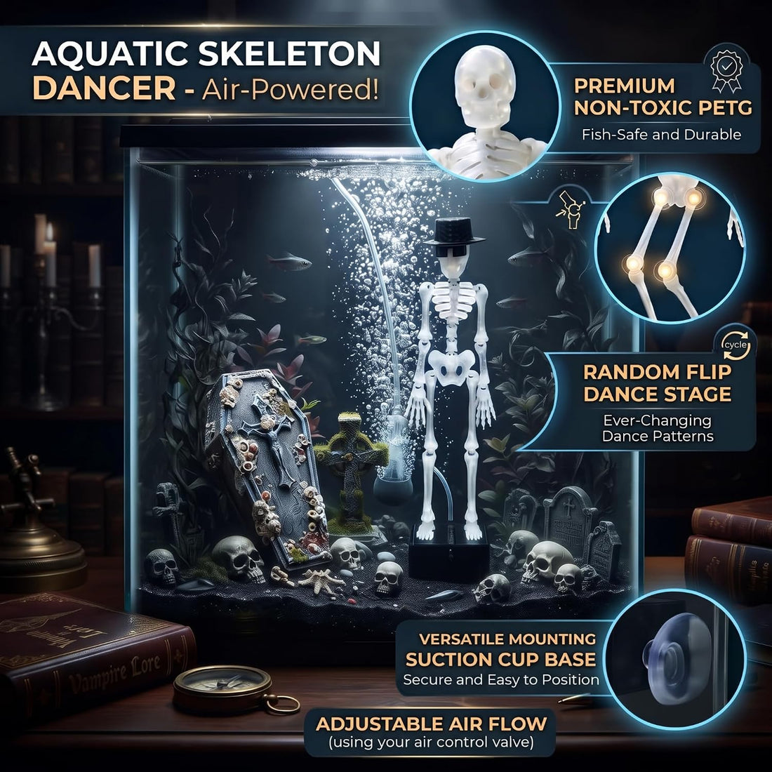 Dancing Skeleton Aquarium Bubbler with Hat & Sunglasses (1 Pack)