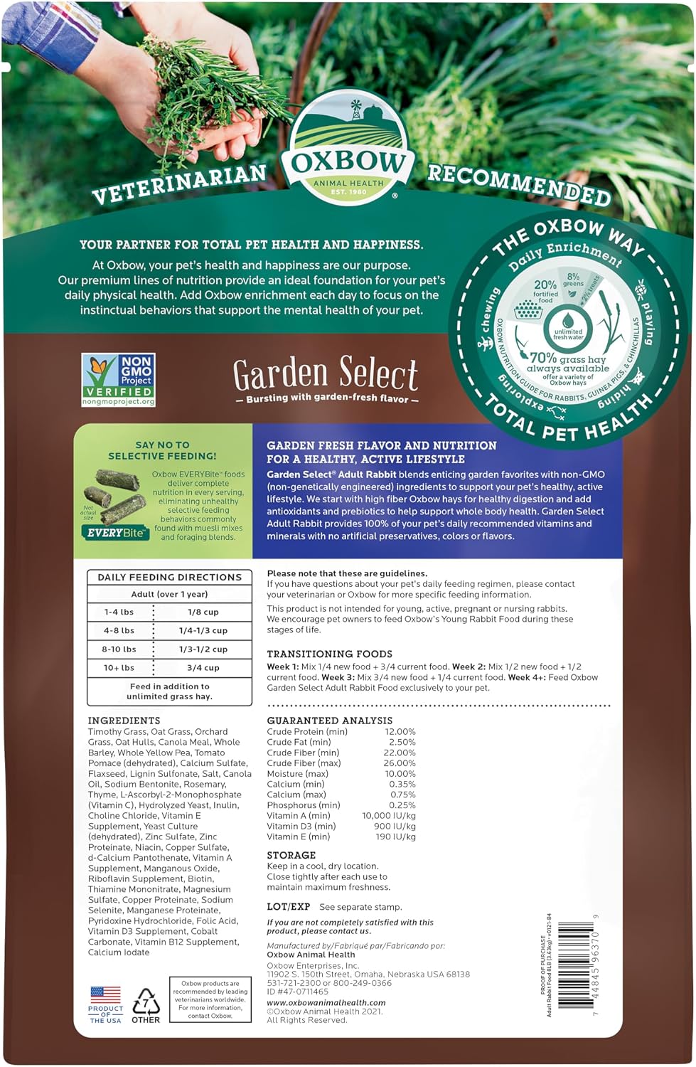 Oxbow Garden Select Adult Rabbit Food, High-Fiber Rabbit Pellets, USA