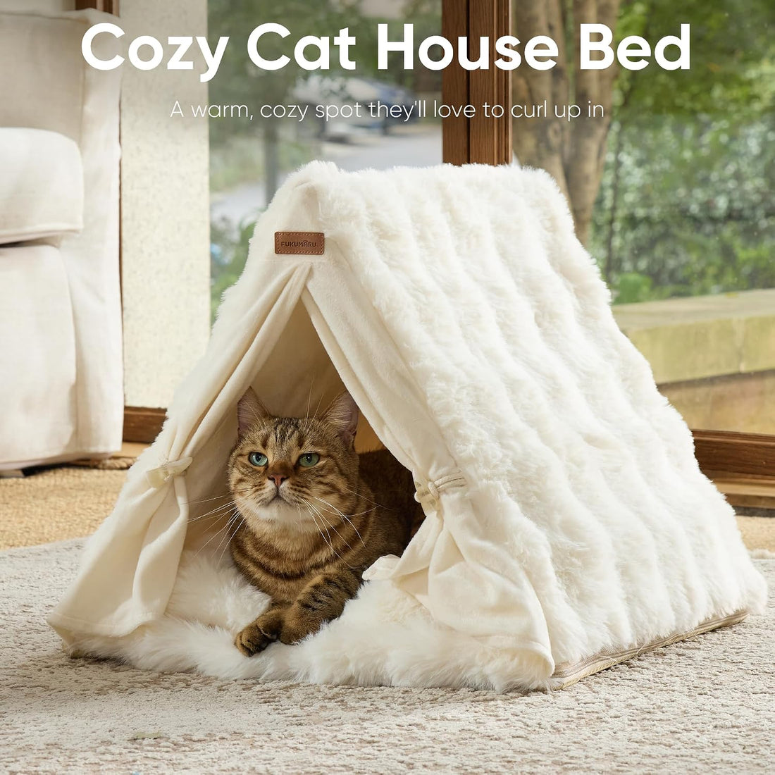 FUKUMARU Cat Cave Bed, Sturdy Frame Washable Cat Tent Bed with Curtain