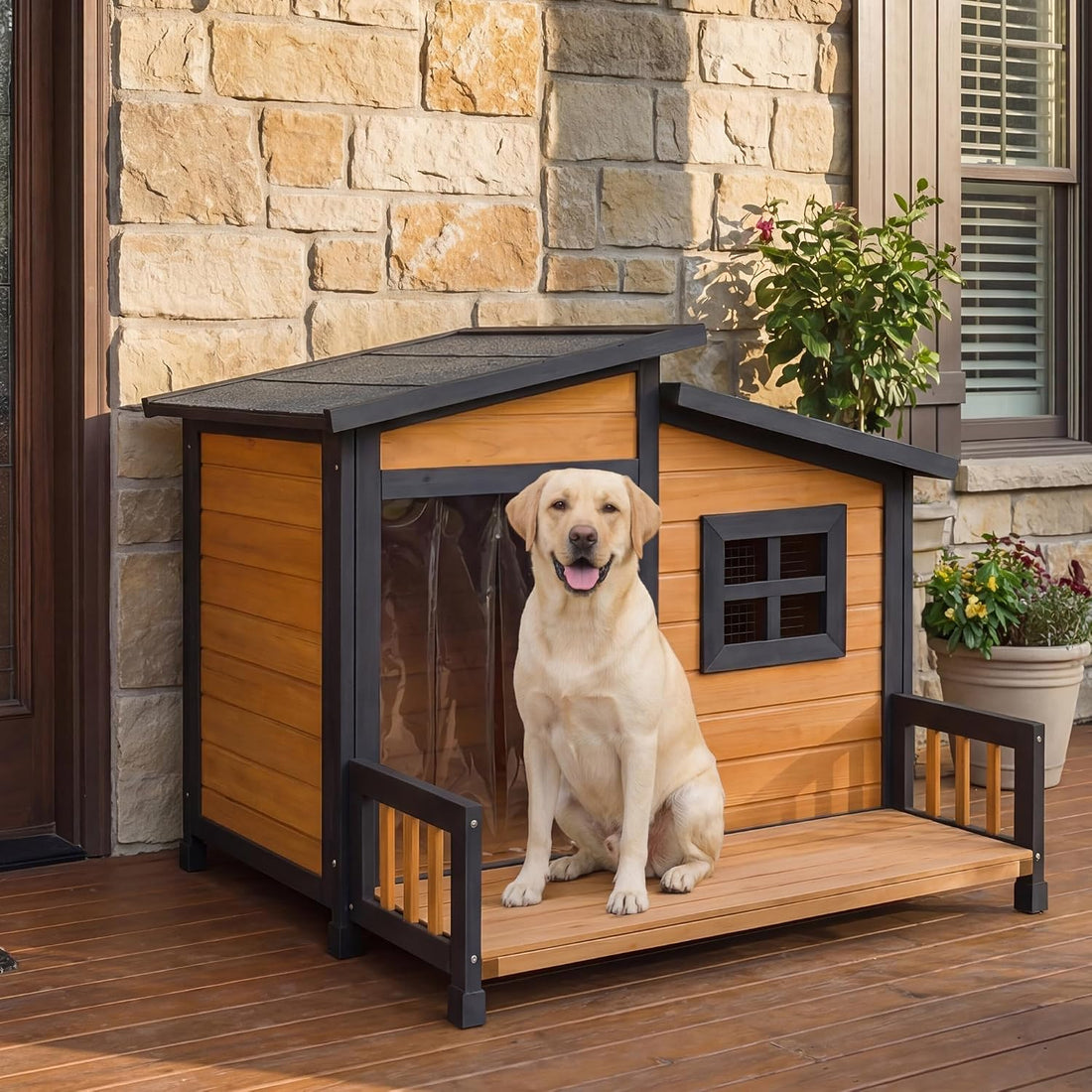 RUNSHED Large Outdoor Dog House W/Elevated Floor, Easy Assembly 39"