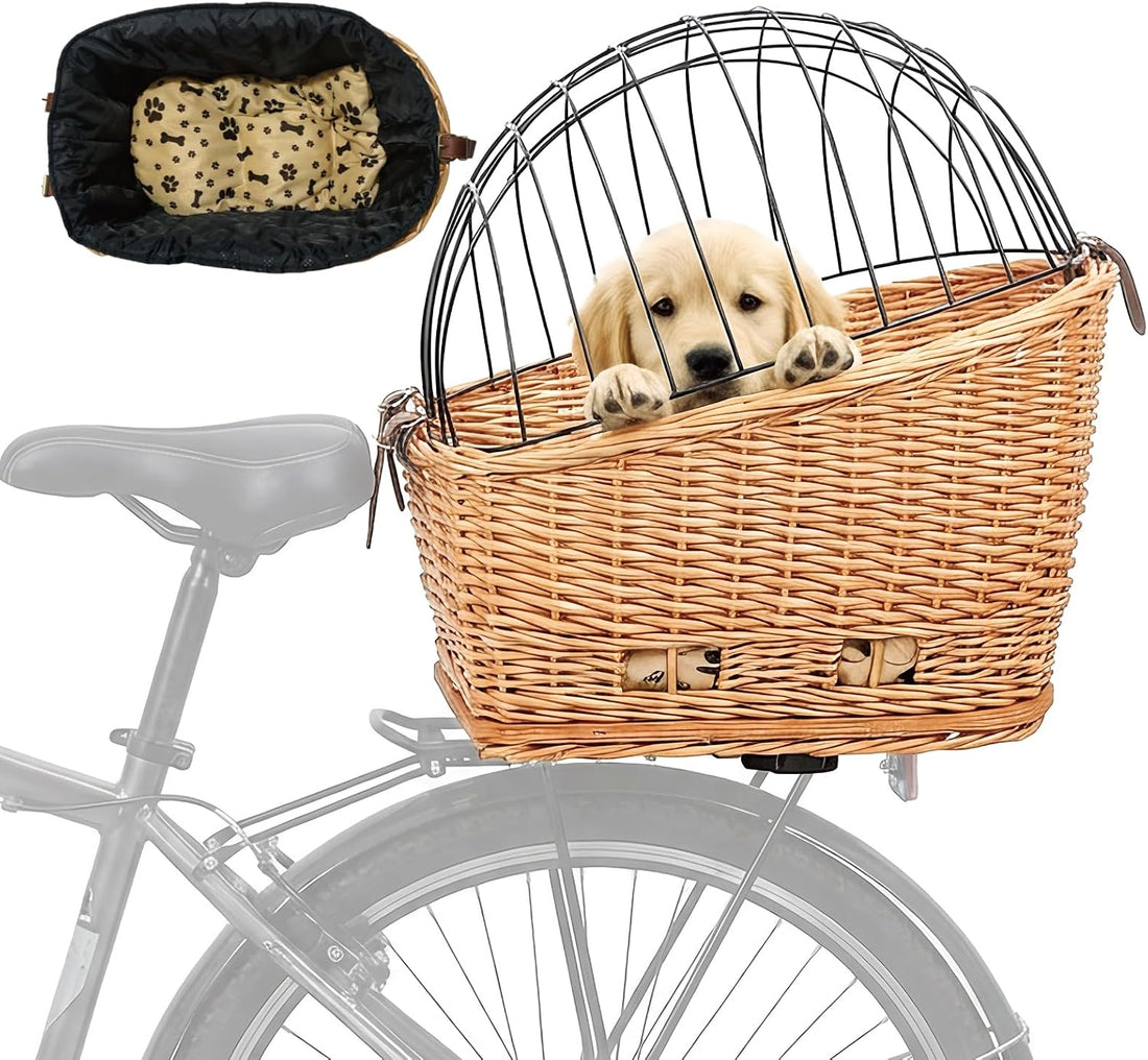 Rear Bike Basket for Dogs, Wicker Pet Bicycle Carrier for Small Dog