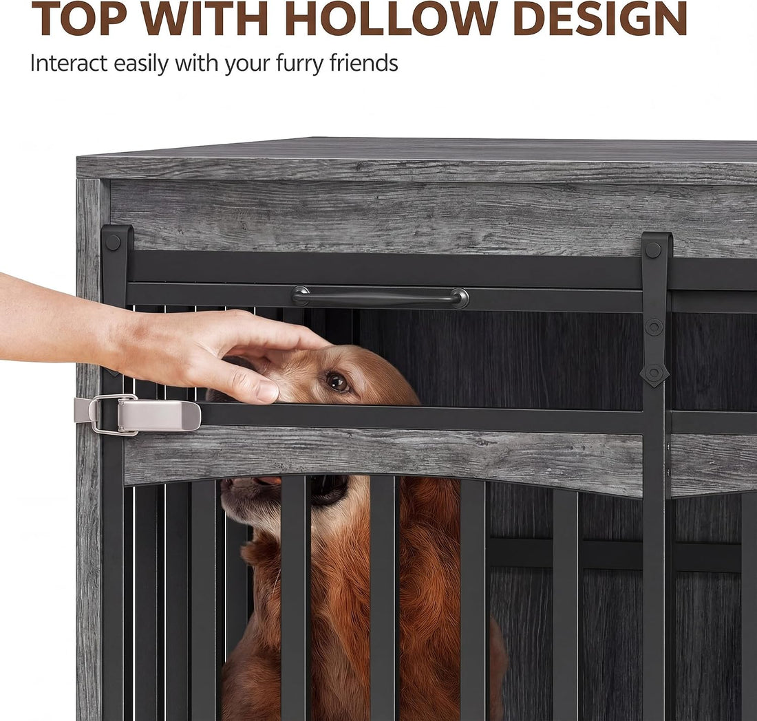68.9" Double Dog Crate Furniture with 3 Storage Drawers,Grey
