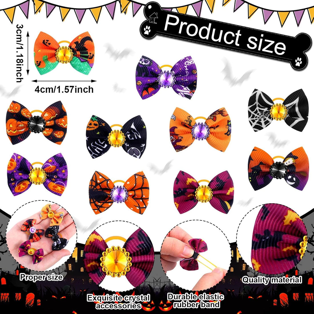 Tondiamo 100 Pack Halloween Dog Hair Bows Ghost Pattern Rubber Bands