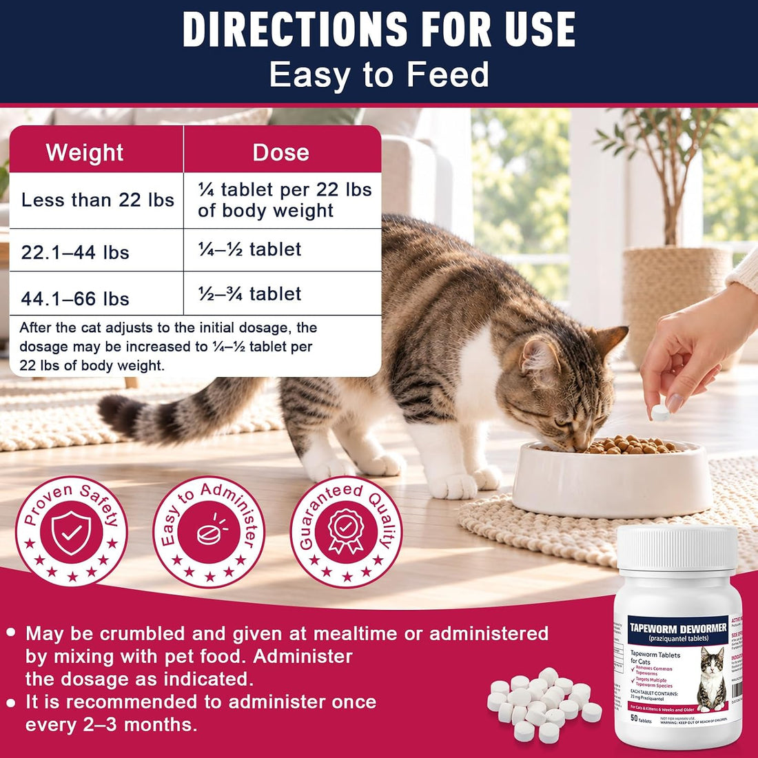 Dewormer for Cats, 50 Tablets, for Kittens 6 Weeks and Older