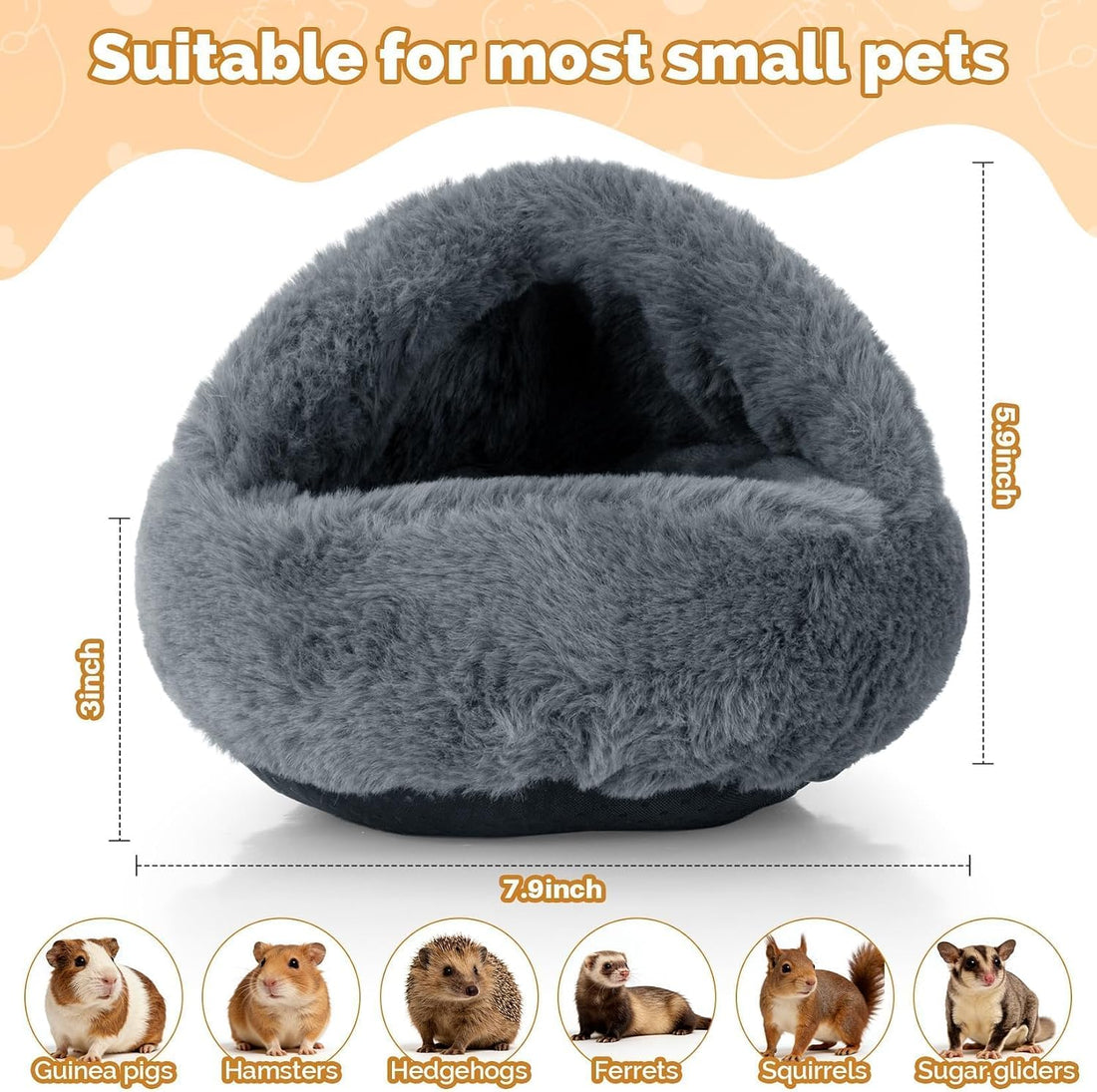 RAINFLOW Plush Guinea Pig Hideout Bed - Grey Fleece Hamster Cave Bed