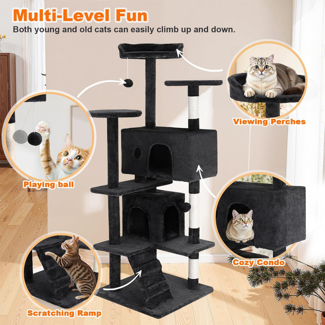 FDW | 54" Cat Tree Tower | Grey | Multi-Level Indoor Activity Center