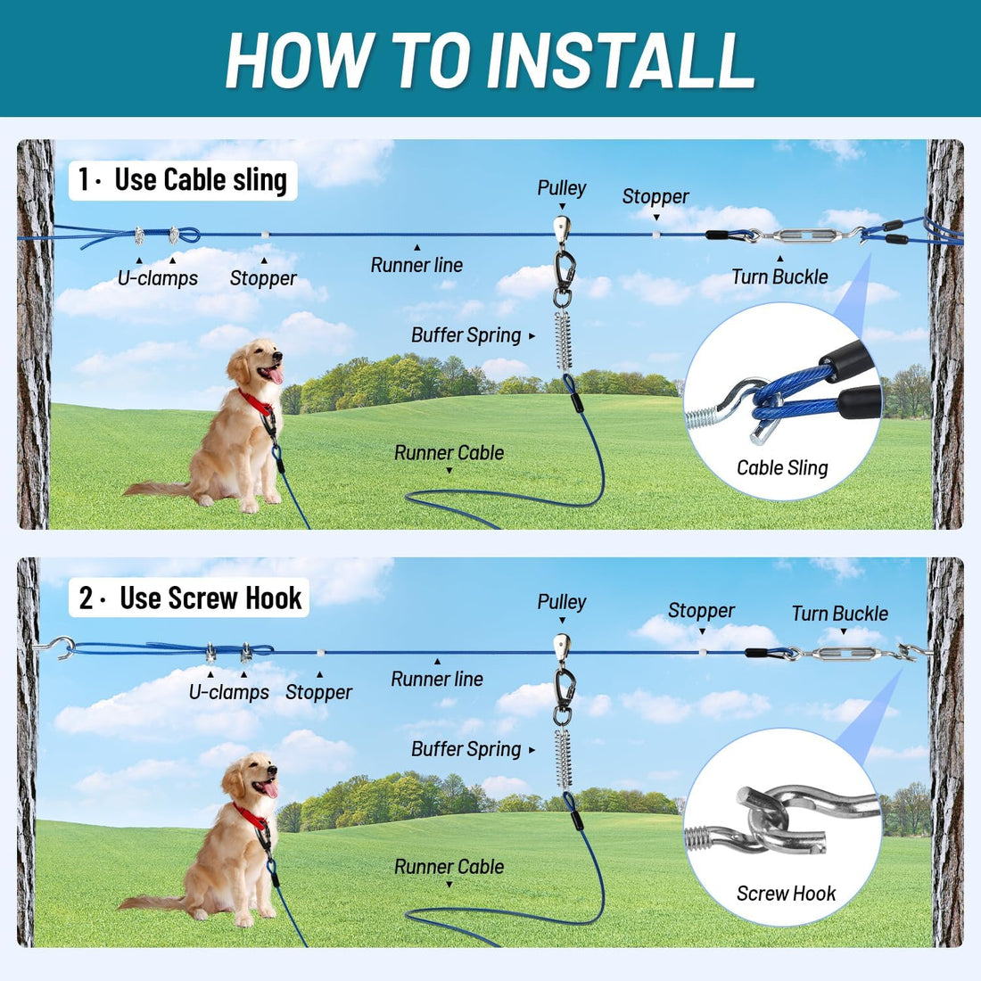 Dog Runner for Yard, Heavy Duty 75FT Dog Runs for Outside with 10FT