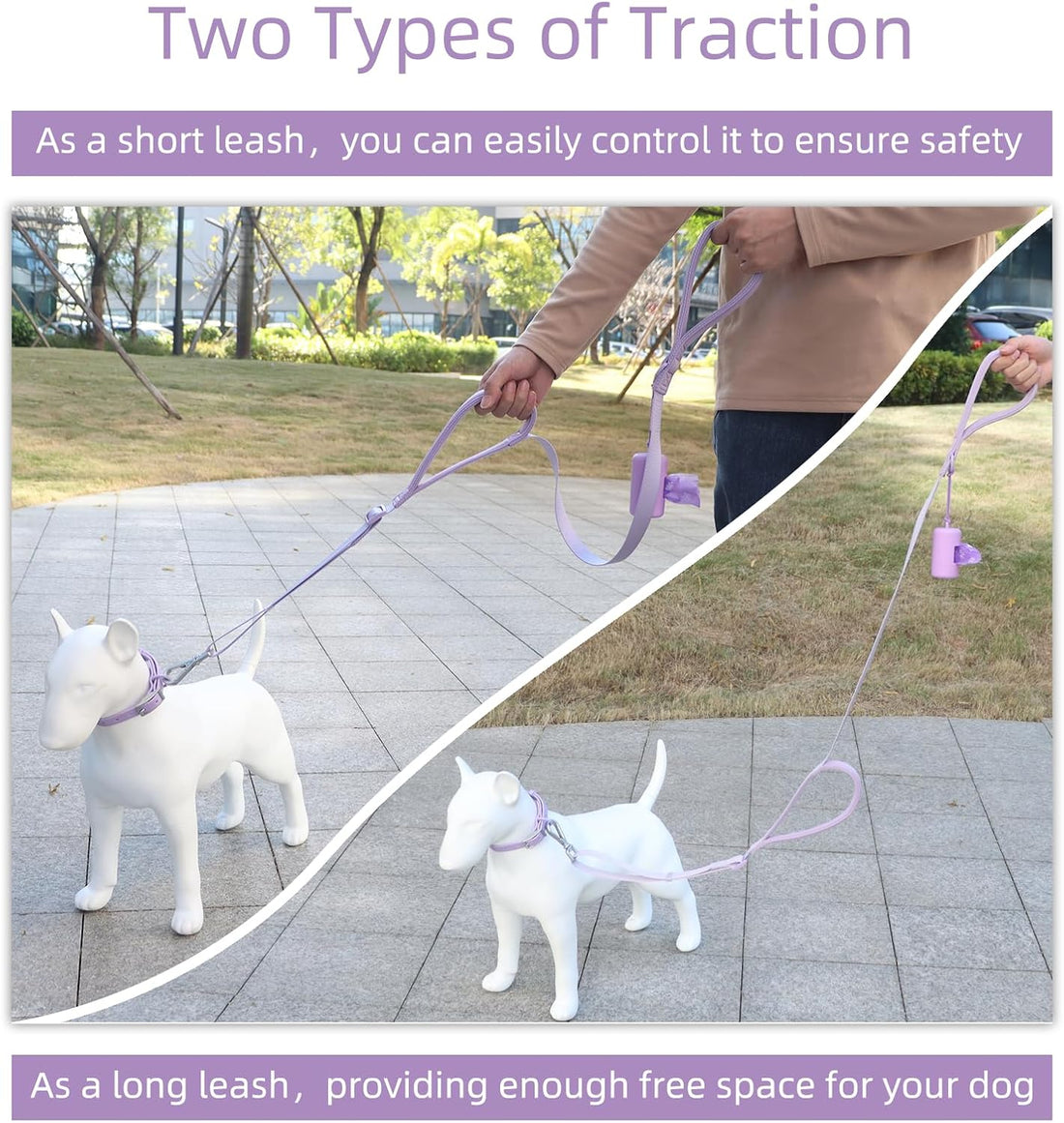Wisedog Two Handles Dog Leash, Lilac, L|5.2 ft-6 ft
