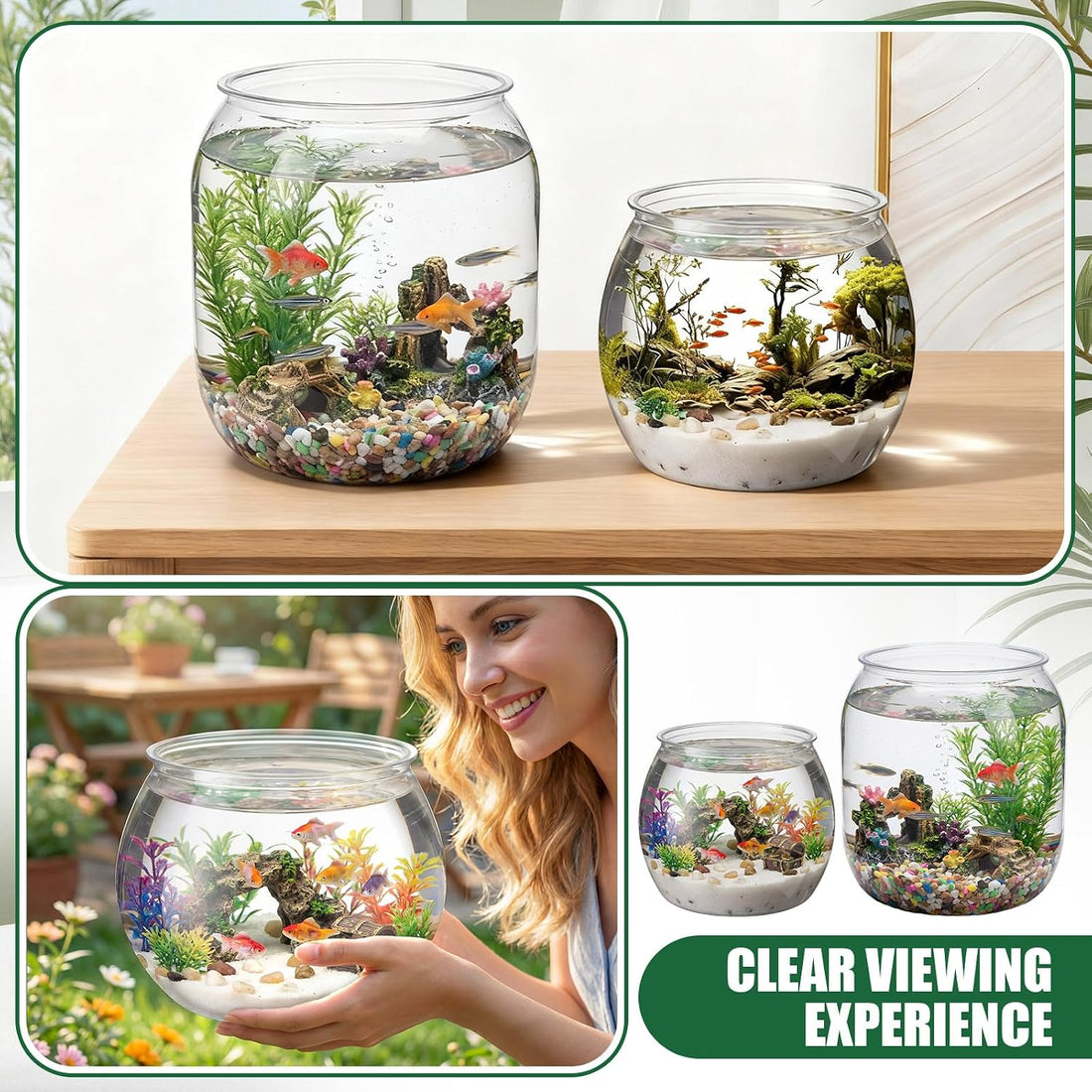 2 Pcs 4 Gallon & 1 Gallon Plastic Fish Bowl Large Round Clear Betta