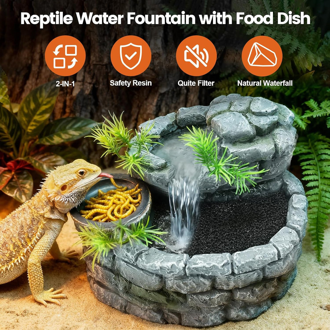 MIXJOY 2 in 1 Reptile Water Fountain with Food Dish 550ML