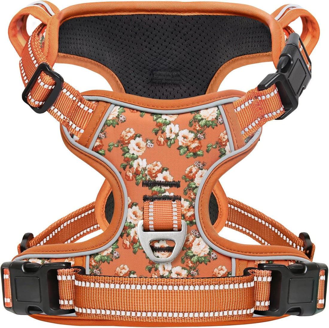 Timos Dog Harness, No Pull Large Sized with 3 Buckles, Flower Orange