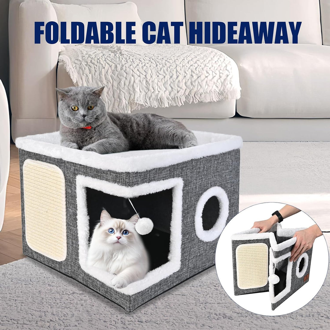 Cat Beds for Indoor Cats, Large Cat Cave Bed with Scratch Pad