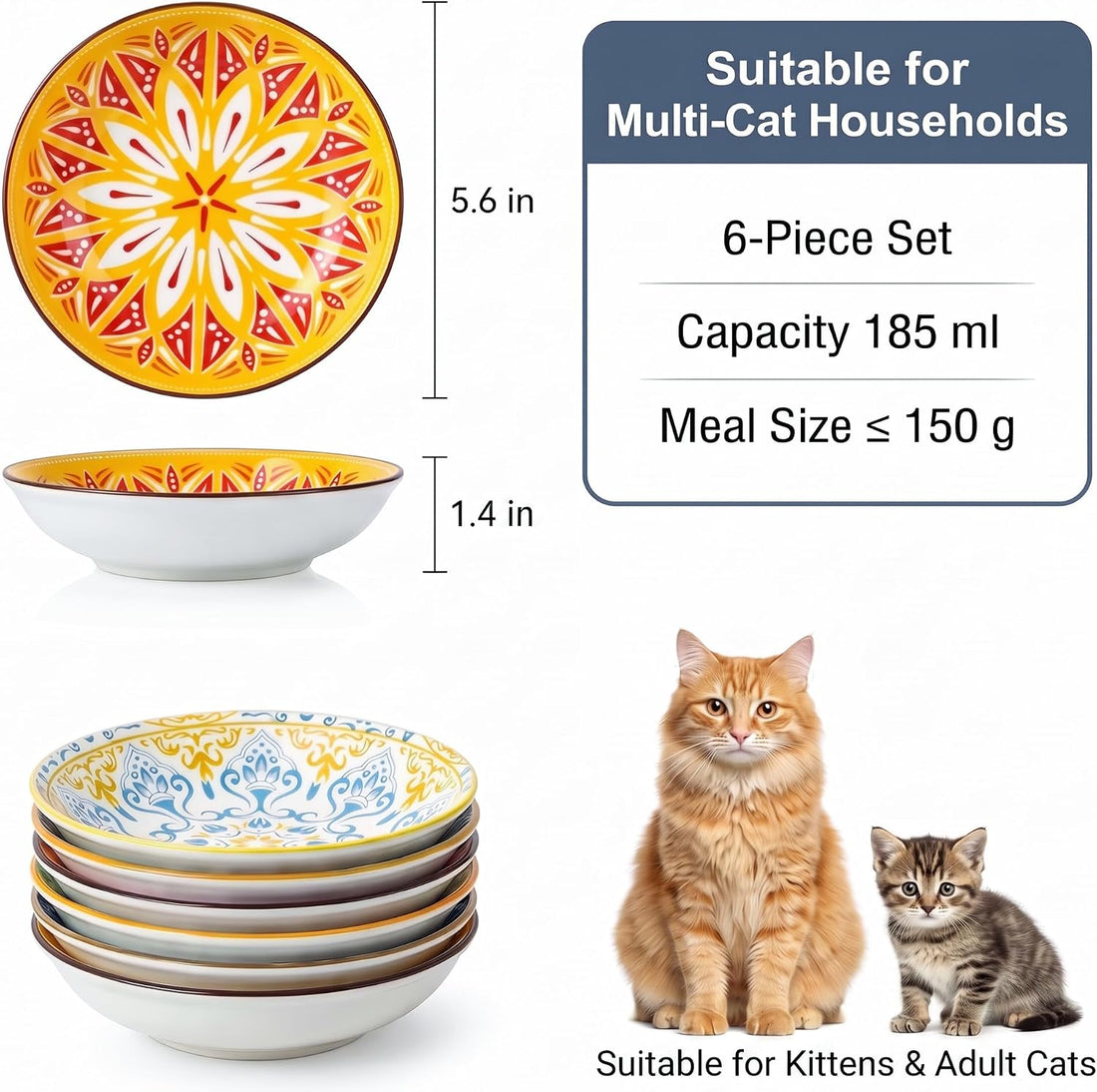 Ceramic Cat Bowls Set of 6 - Colorful Cute Shallow Cat Dishes