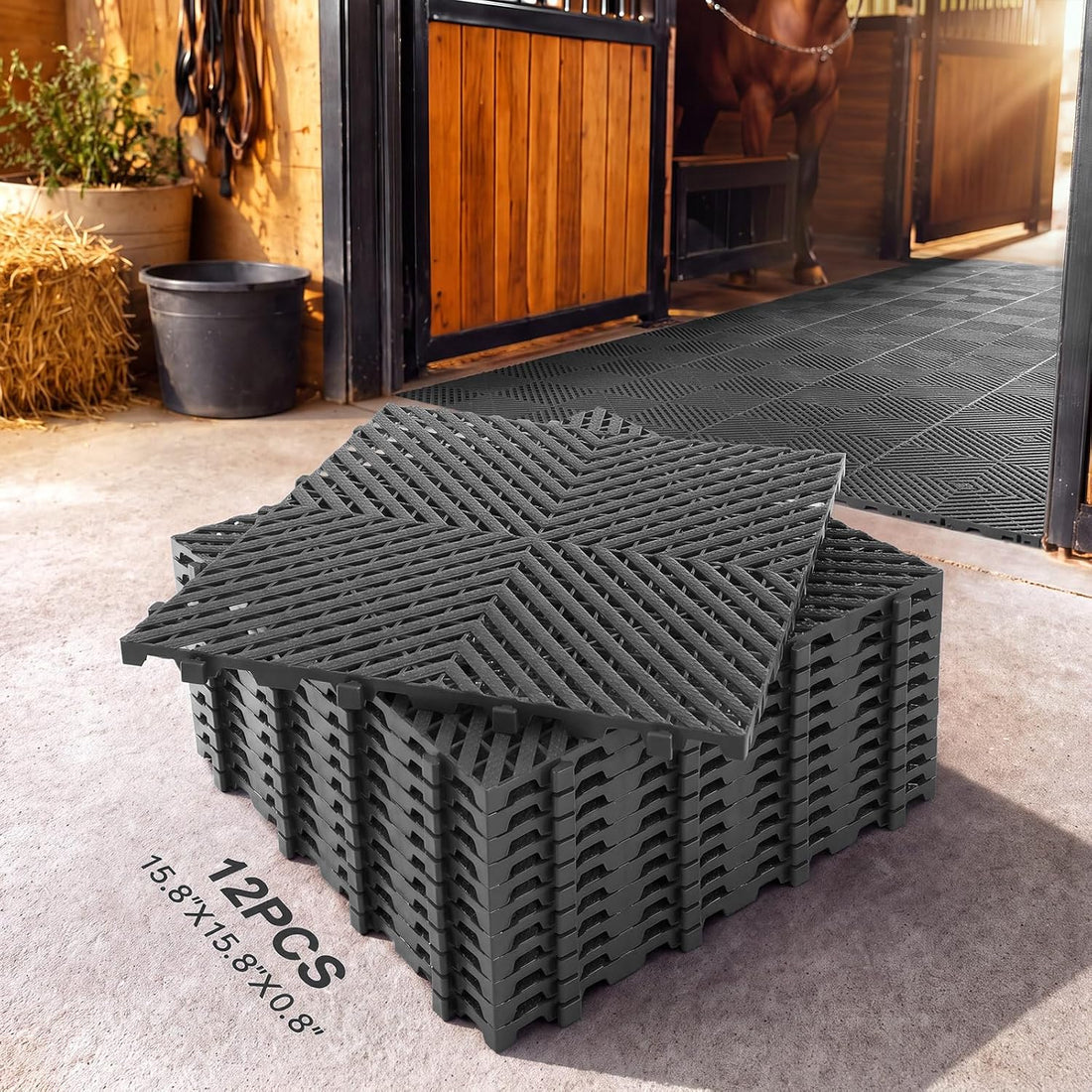 18 Pcs Horse Stall Mats 4 x 8 ft Plastic Stable Mat Interlocking