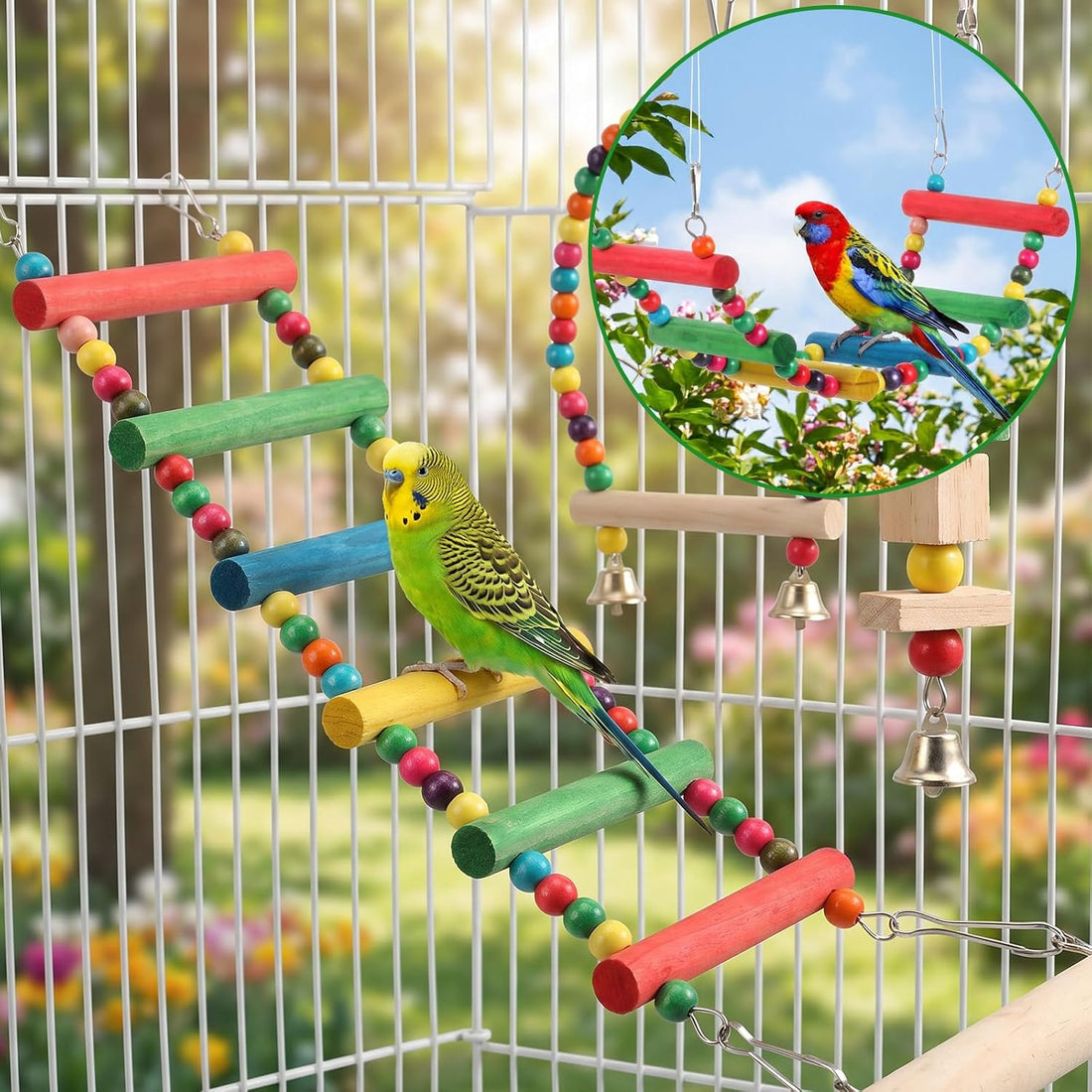 2 Pcs Bird Swing and Rainbow Color 6-Step Bird Ladder for Cage