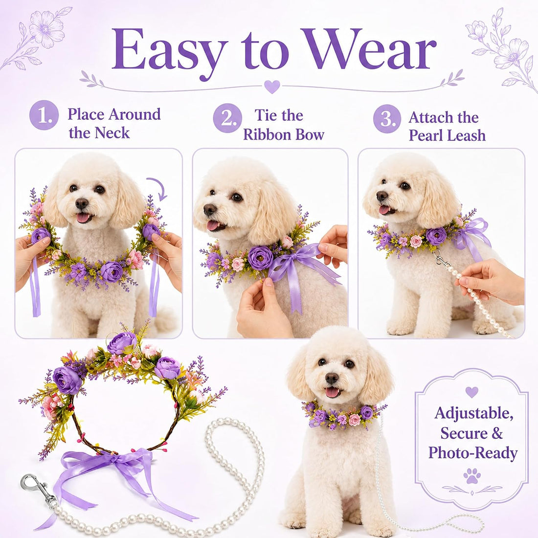 Dog Wedding Flower Collar with Pearl Leash,2 PCS Purple Rose
