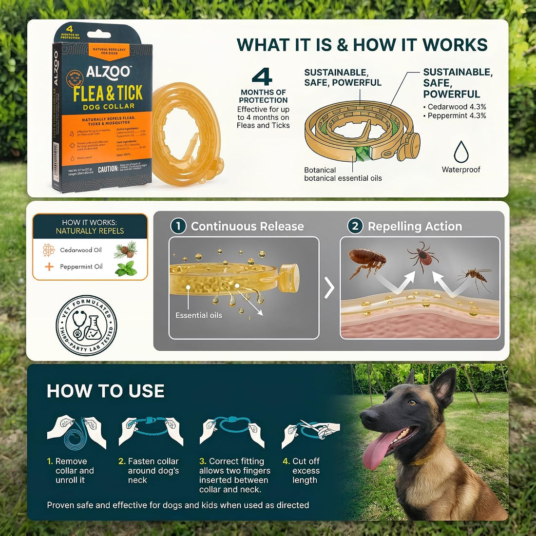 ALZOO Plant Based Flea & Tick Dog Collar - Helps Repel Fleas
