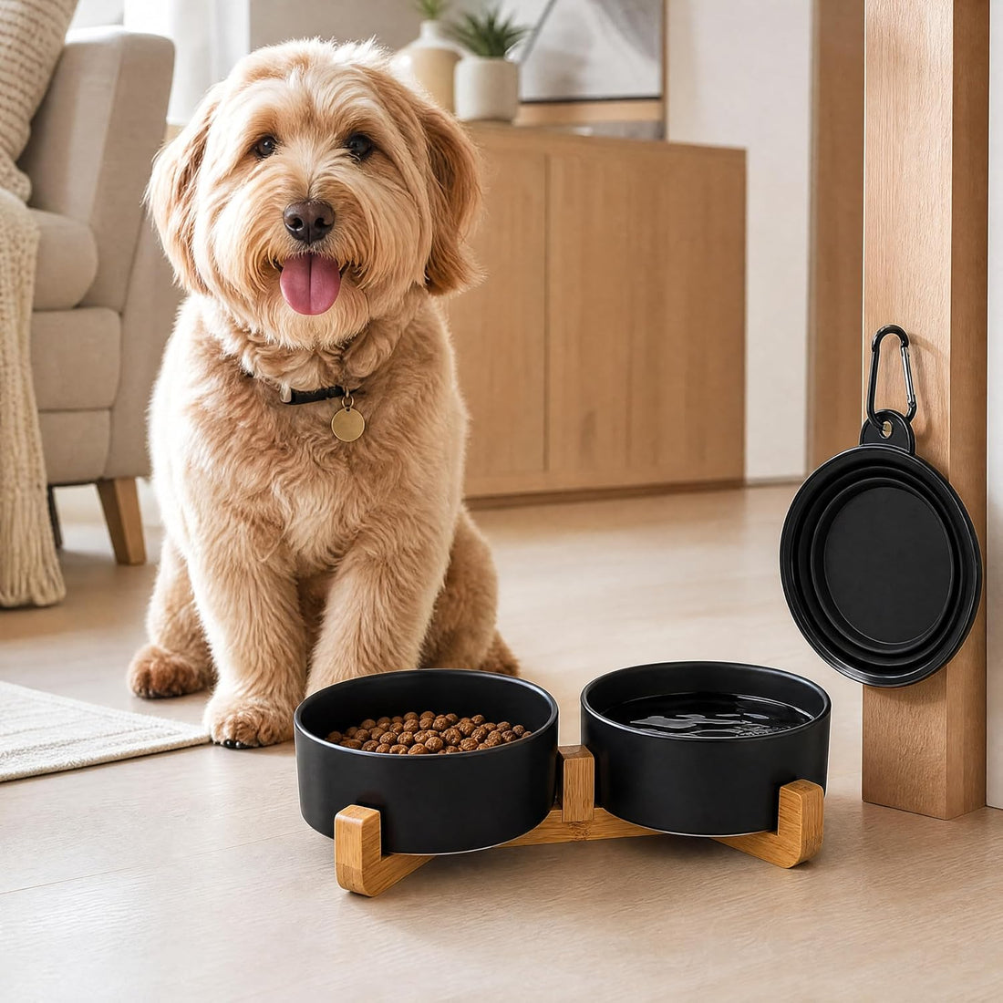 Petygooing Ceramic Dog Cat Bowls Set with Stand,Black Pet Food