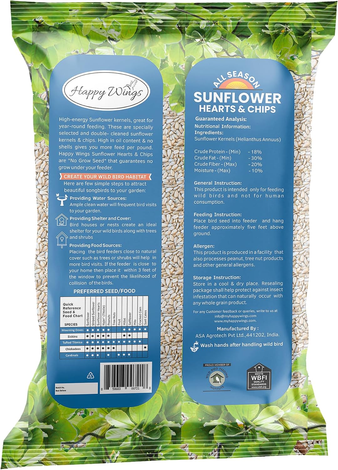 Happy Wings 5LB Sunflower Heart & Chips (Kernels) Bird Food, No Waste
