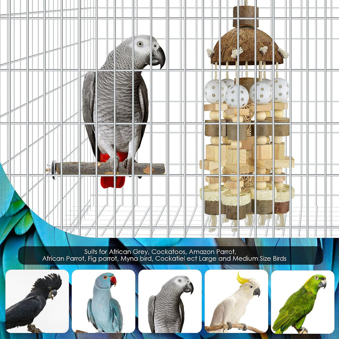 KATUMO Bird Toy, Large Parrot Natural Wooden Blocks Chewing Toy Suits