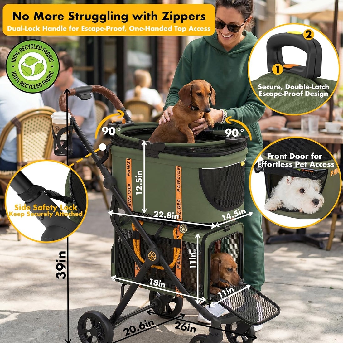 PAWZIDEA Double Pet Stroller with 2 Detachable Carrier for Multiple