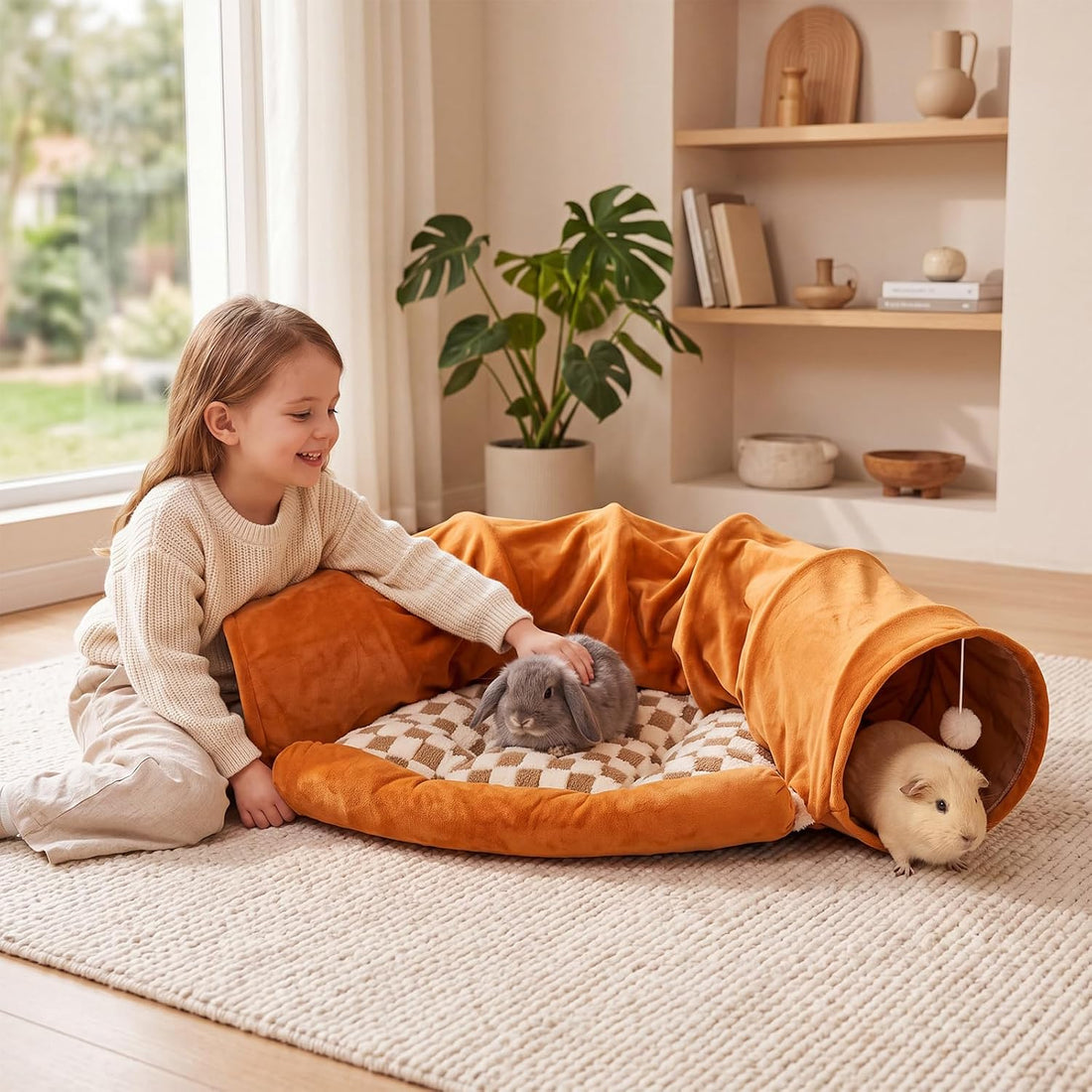 Bunny Tunnel for Rabbits, 2-in-1 Rabbit Tube Toys with Removable Mat