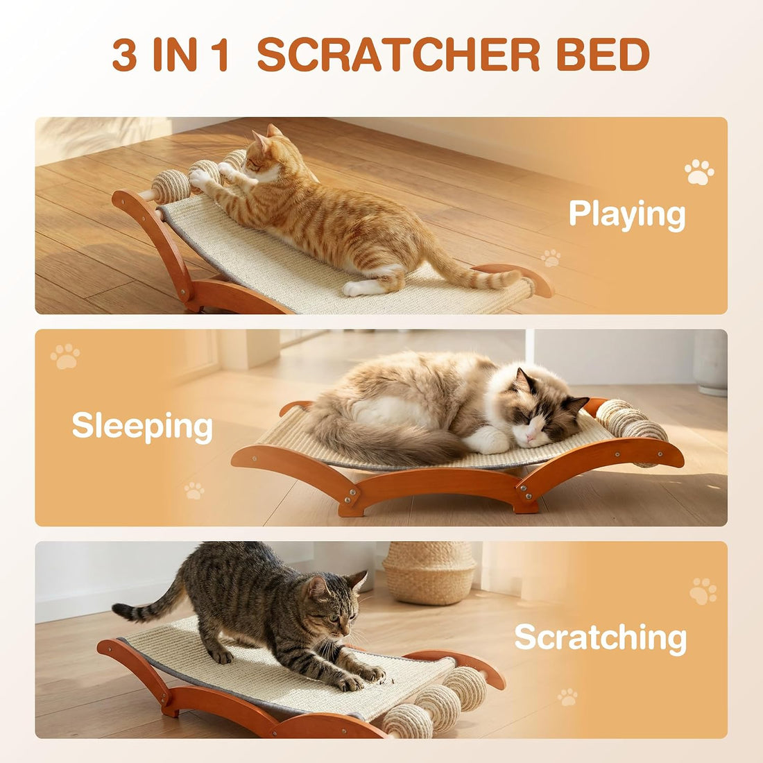 Extra Large Cat Scratcher Bed with 3 Sisal Balls, Wood Lounge