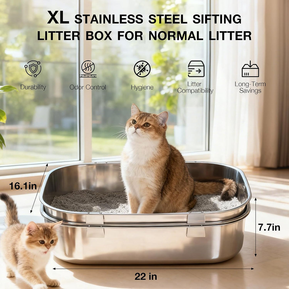 Triple Pan Stainless Steel Sifting Cat Litter Box