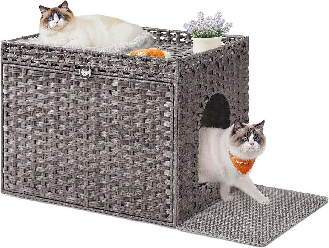 Feandrea Cat Litter Box Enclosure, Handwoven Rattan End Table