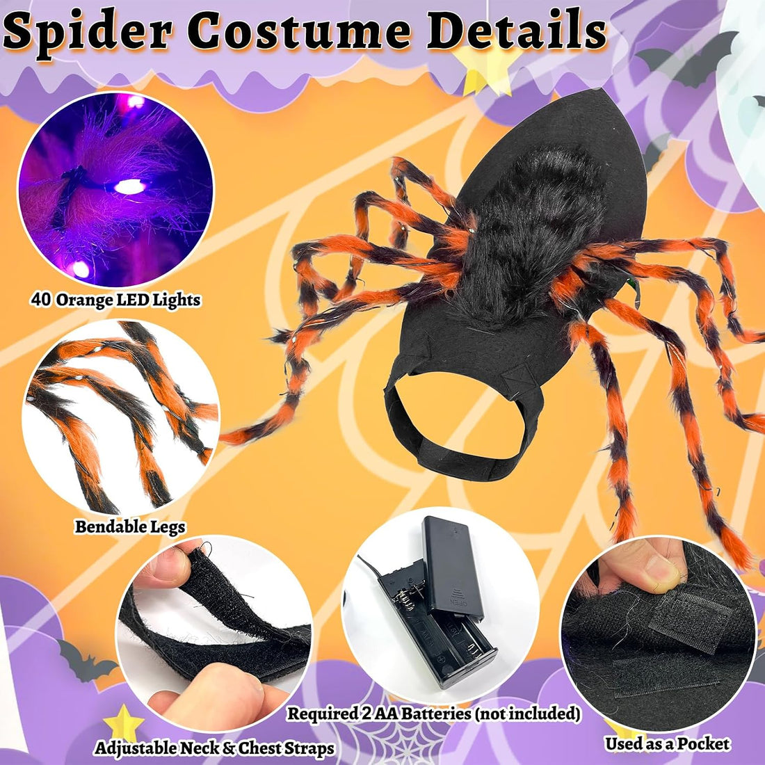 Halloween Light up Spider Dog Costumes for Small Medium Large Dogs