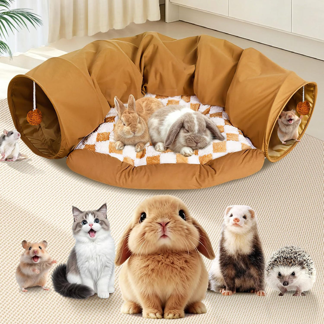 Spardar 2-in-1 Bunny Tunnel Bed, with Removable Mat Hideout