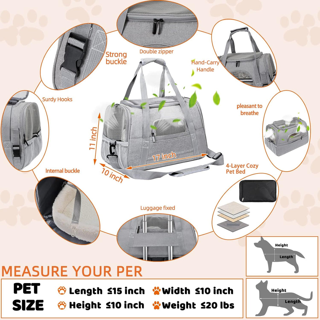 Pet Carrier Bag Airline Approved Up for Cats and Dogs Up to 20LBs