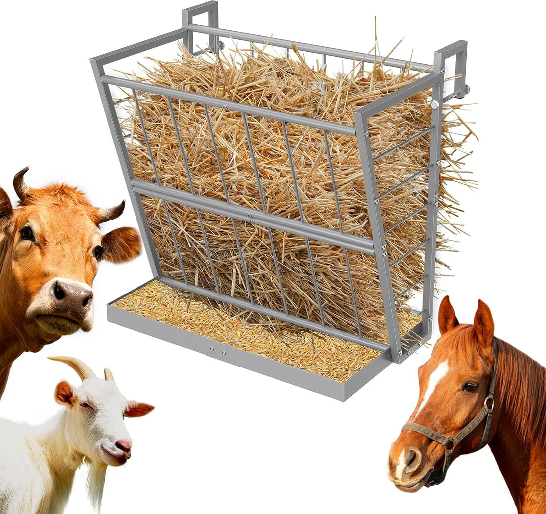 2-in-1 Wall Mount Hay Feeder, Black Grain Rack for Goats, Horses