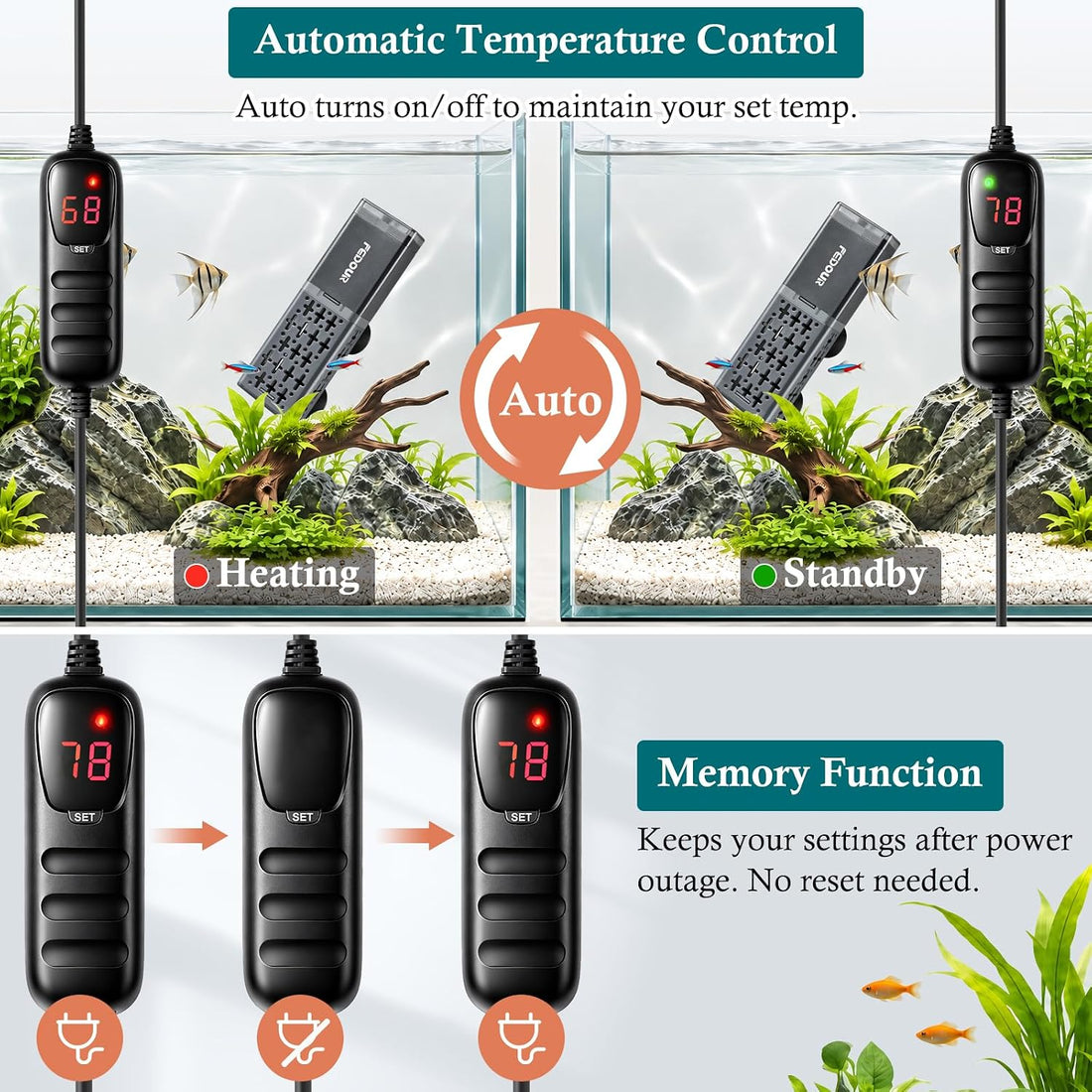 FEDOUR 25W/50W/100W/300W/500W Aquarium Heater for 1-130 Gallon Tanks