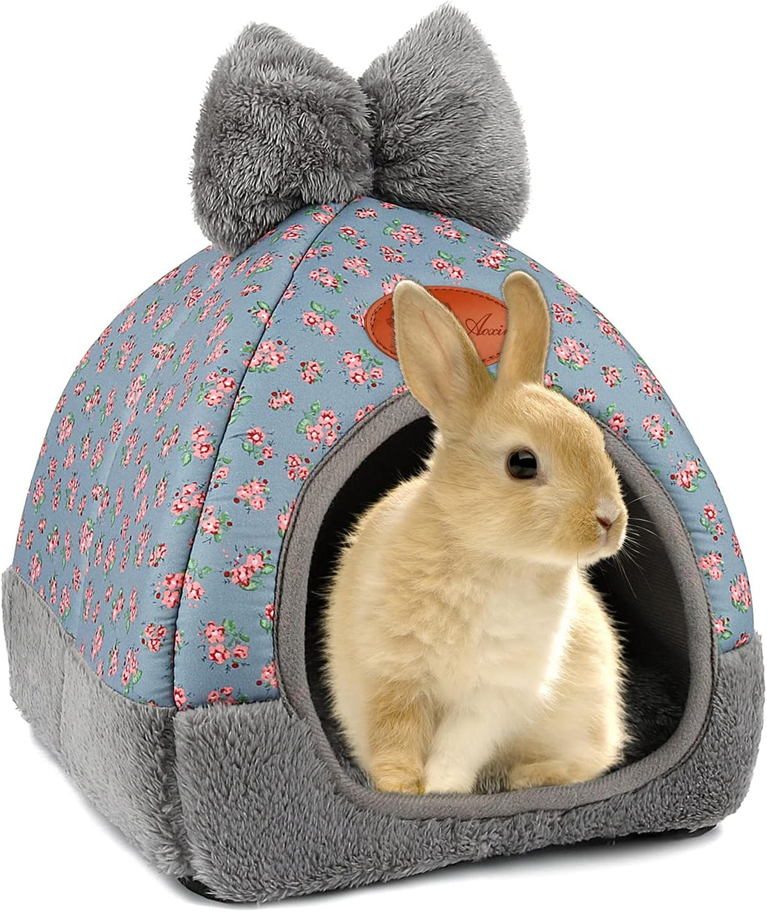 YUEPET Bunny Bed, Rabbit Hideout, Guinea Pig Cave, Grey Grid with Bow