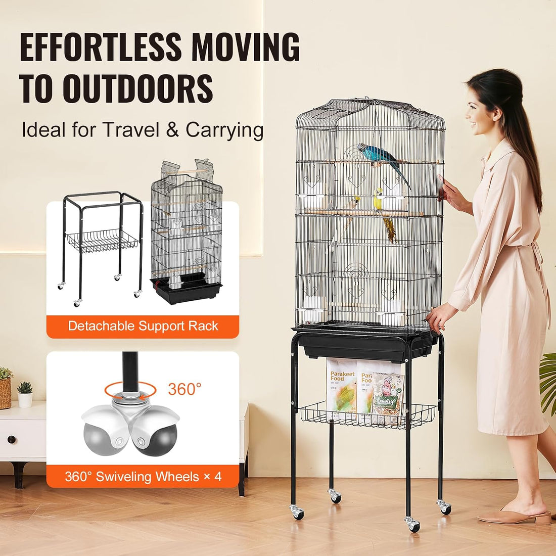 VEVOR 64-inch Open Top Large Parrot Bird Cage with Detachable Rolling