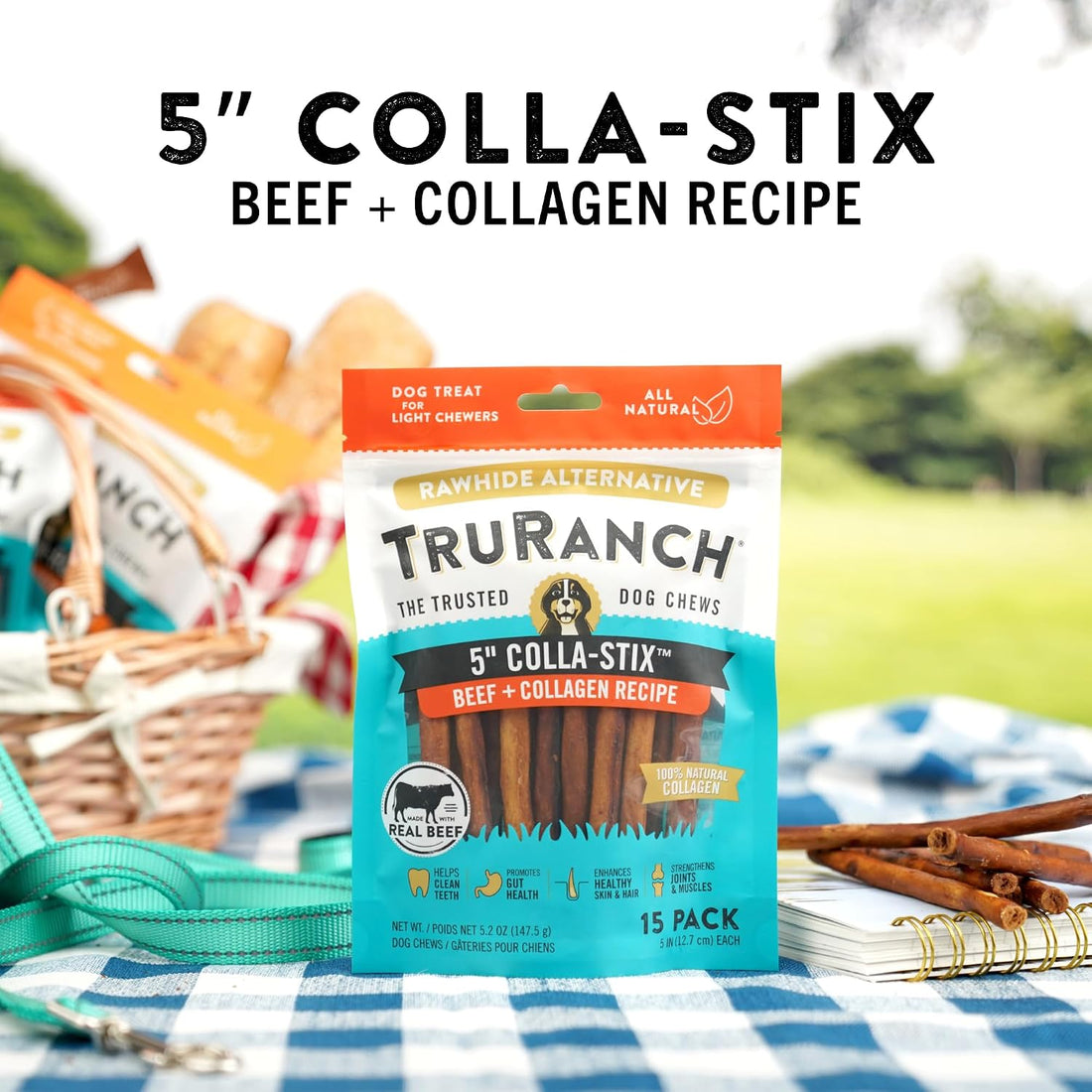 TRURANCH 5" Collagen Sticks for Dogs, Rawhide Free, Beef, 45 Ct