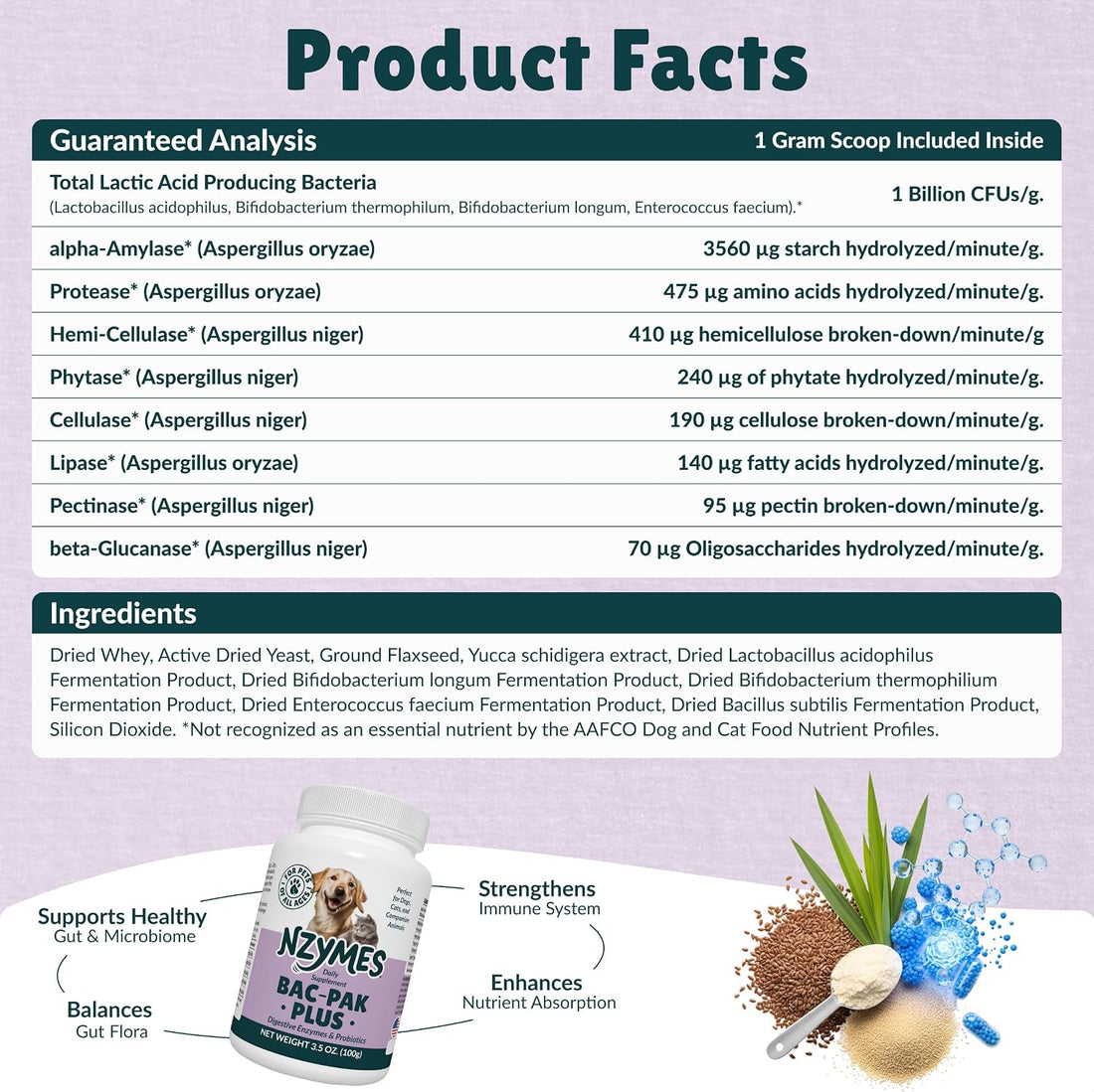 Nzymes Bac-Pak Plus Digestive Enzymes & Probiotics for Pets, 100 Grams