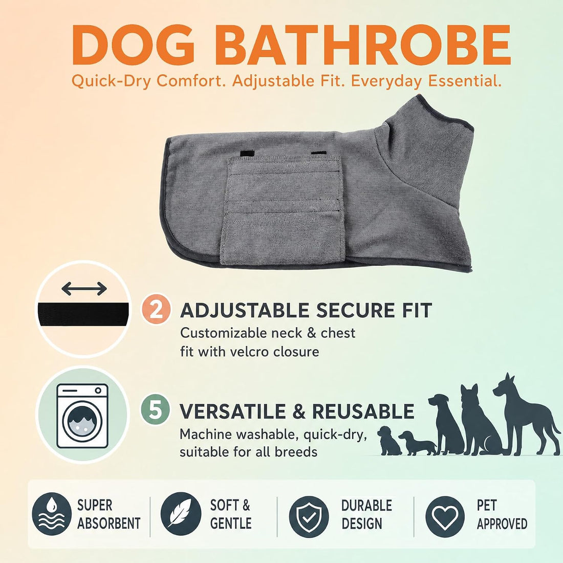 Dog Bathrobe Super Absorbent Pet Drying Towel Robe with Adjustable