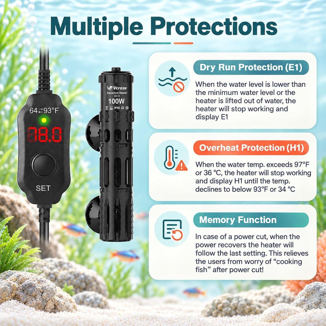 100W Aquarium Heater for 10-20 Gal Tanks with External LED Temp