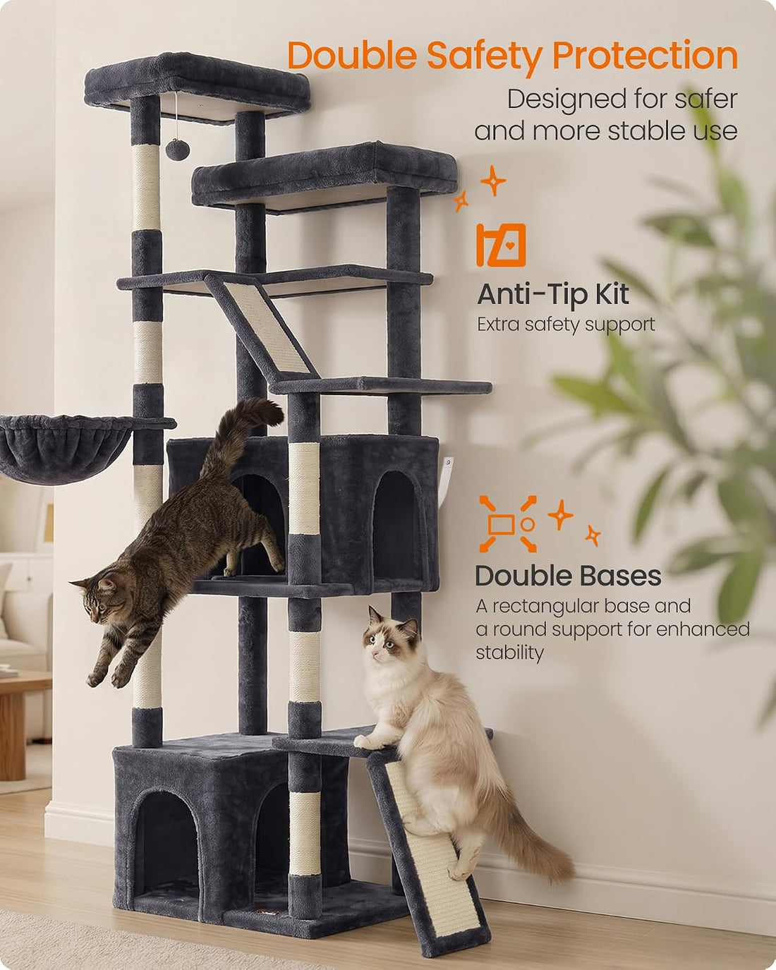 Feandrea Large Cat Tree, 72.6" Tall Sturdy Cat Tower for Indoor