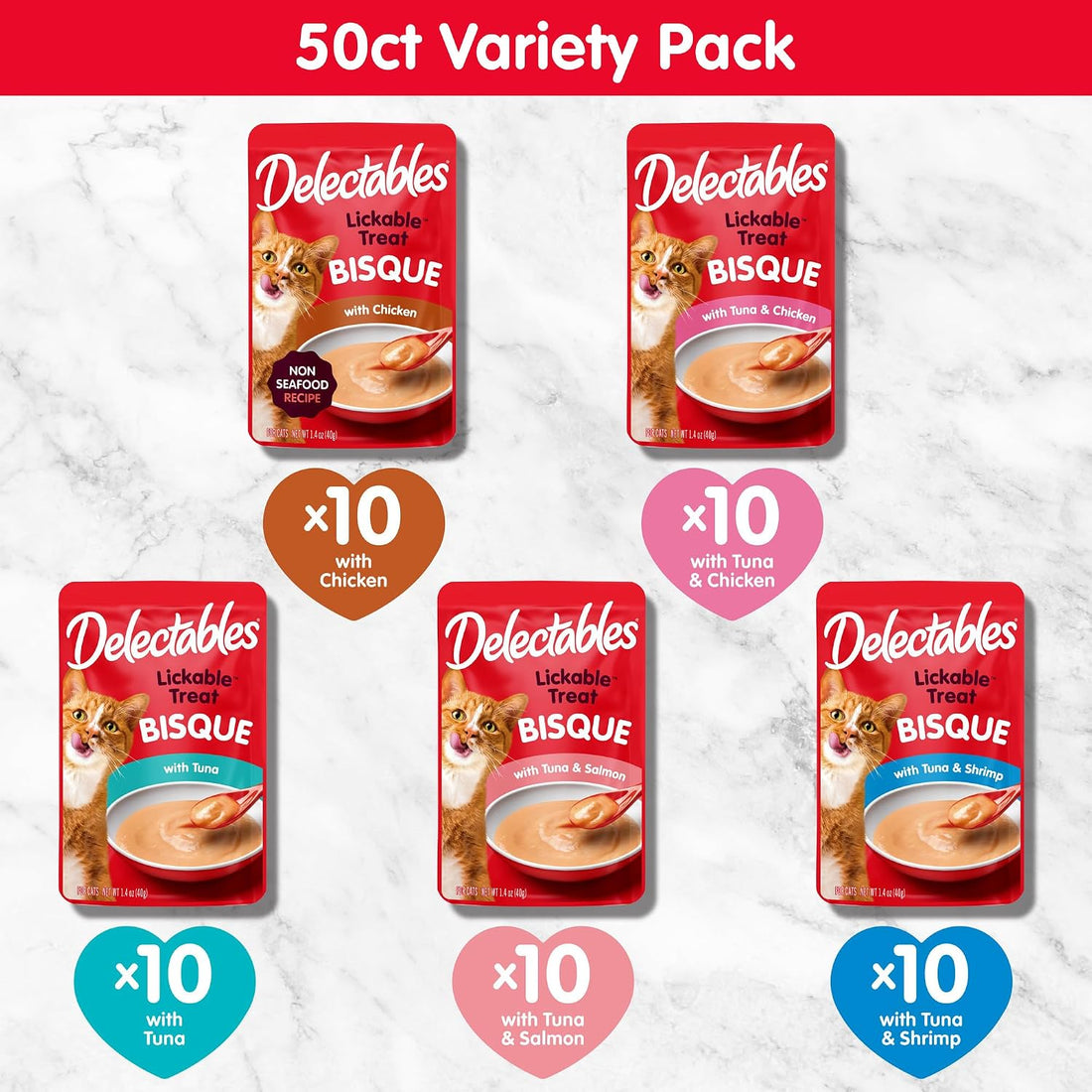 Delectables Lickable Treat Bisque Wet Cat Treats, Variety Pack, 50ct