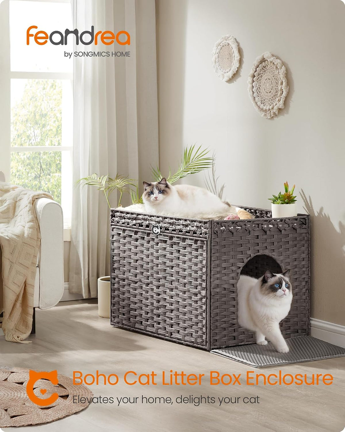 Feandrea Cat Litter Box Enclosure, Handwoven Rattan End Table